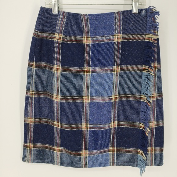 Liz Claiborne Dresses & Skirts - Vintage 90s Liz Claiborne Plaid Wool Skirt Sz 4 Blue Wrap Fringe Trim Tweed Mini